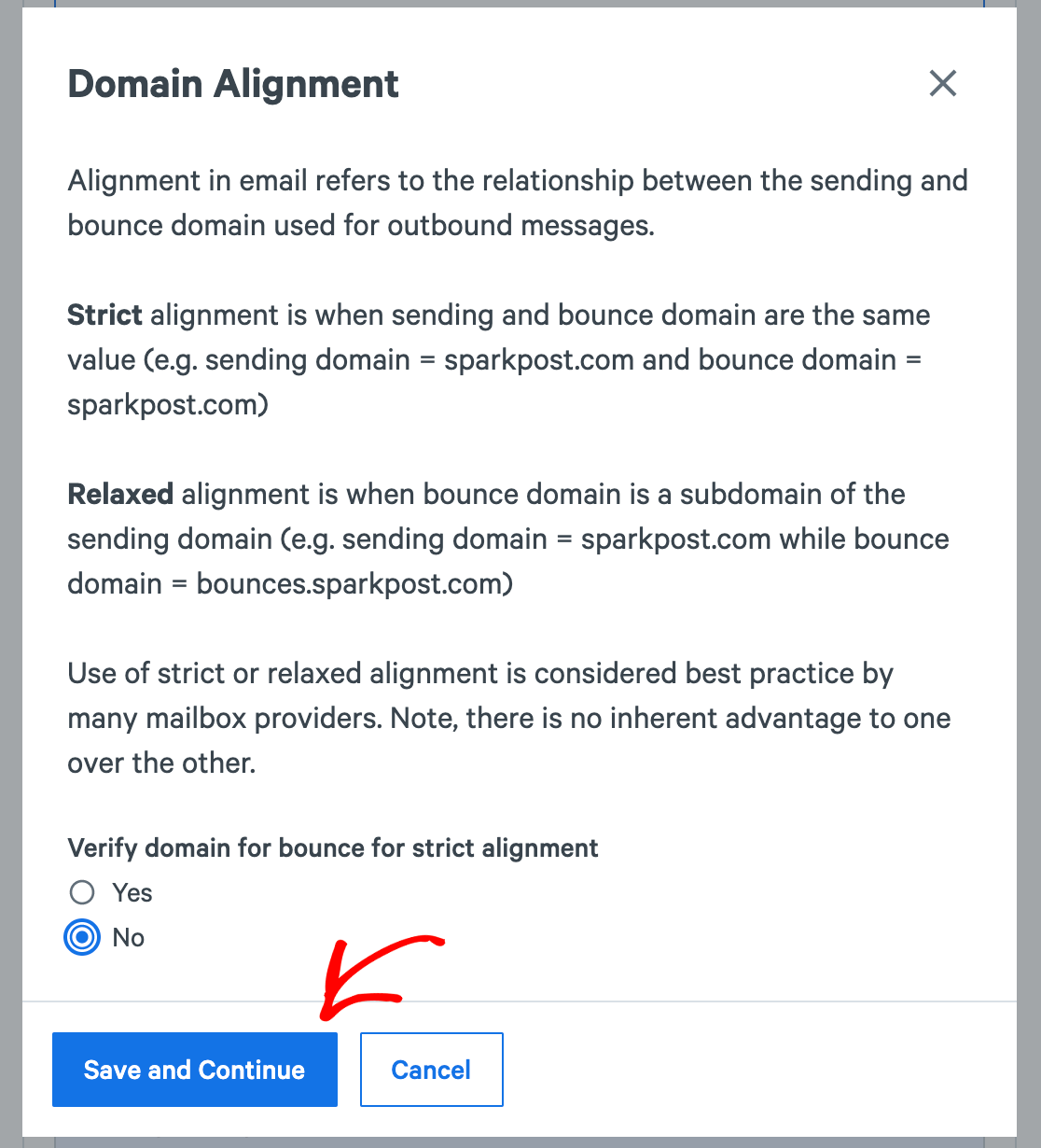 Creating a sending domain with relaxed domain alignment in SparkPost