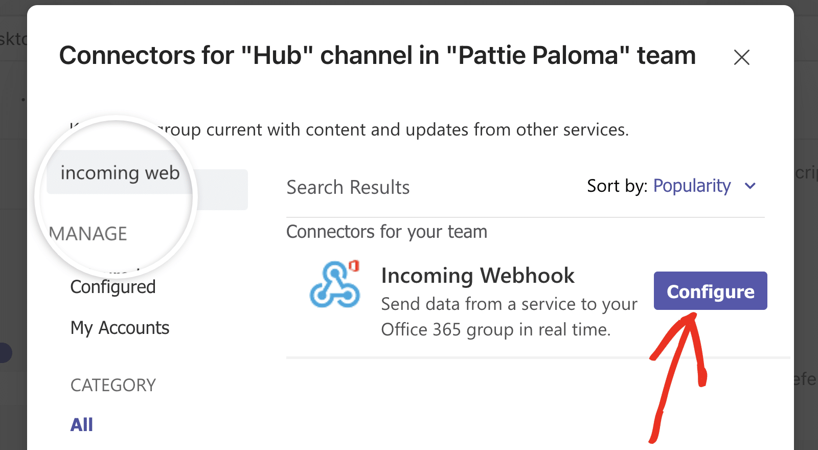 Find and select the option for configuring an incoming webhook. 